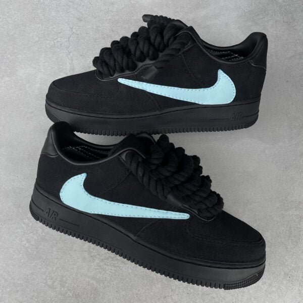 Custom AIR FORCE 1 black - Tiffany inspired Reverse swoosh (rope laces)